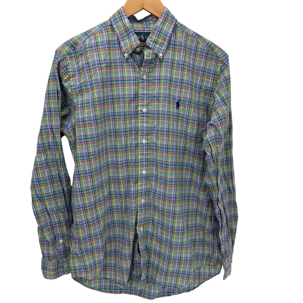 Ralph Lauren Shirt Mens Medium Green Blue Orange Plaid Button Down‎ Classic Fit